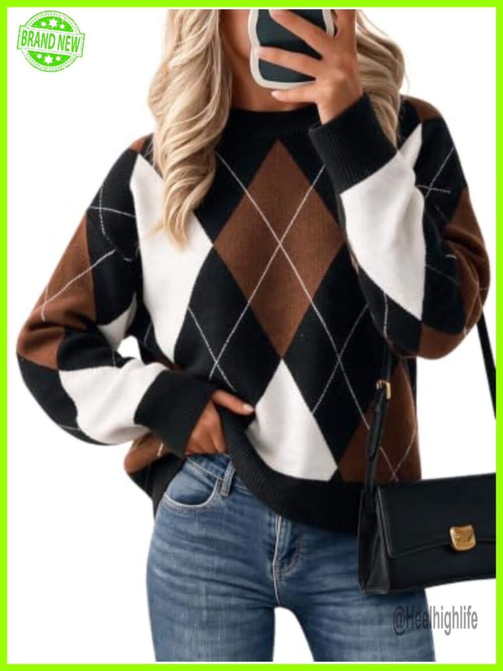 Argyle Plaid Color Block Knit Pullover Sweater Crew Neck Long Sleeve